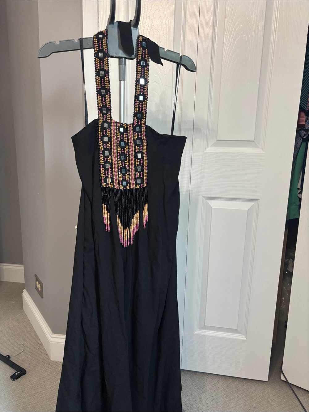 Beaded black maxi dress.